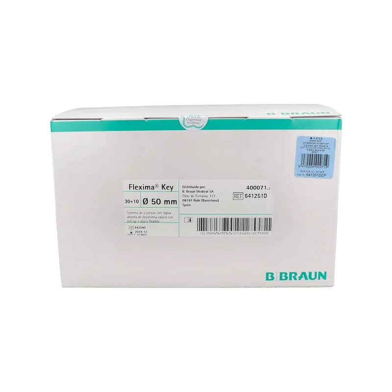 Bolsas de ileostomía, sistema de doble placa con acoplamiento adhesivo Flexima Key abierta, sistema con flujo opaca (50 mm, 30 + 10 unidades)
